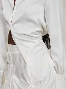 NYA SZN Top Long Sleeve Ruche Teacher Office Business Casual Satin Collar Business Casual Brunch Fall Summer Statement Valentines Day Carnival Outfits For Women - White - View 6