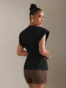 Hauture Áo thun cổ chữ V tay lửng khóa cài phía trước thanh lịch - màu đen - Xem 5