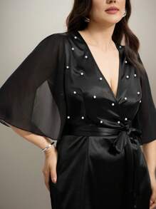 SHEIN Clasi Khăn choàng satin thanh lịch, váy midi bó eo trang trí ngọc trai taffeta cho phụ nữ ngoại cỡ, váy dự tiệc cưới mùa hè - màu đen - Xem 7