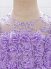 Vestido de niña con mangas abullonadas, cola de tul y flores 3D en color púrpura, vestido esponjoso de volantes de malla para primavera/verano, vestido de princesa para cumpleaños, boda, fiesta, recital, niña de las flores