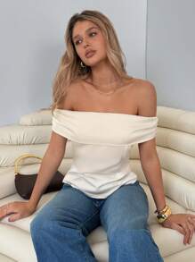 Roylia 1pc Solid Color Pleated Satin Summer Elegant Blouse , Off Shoulder Top - Champagne - View 1