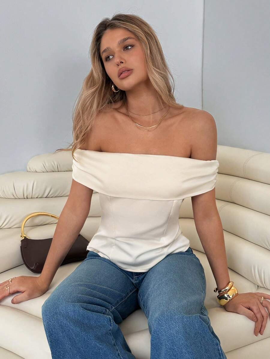 Roylia 1pc Solid Color Pleated Satin Summer Elegant Blouse , Off Shoulder Top - Champagne - View 1