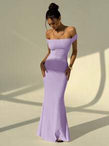Aloruh White Wedding Season Backless Ruched Sexy Off Shoulder Bodycon Dress For Women - Purple - View 5