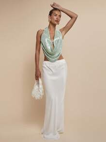 COSMINA Women's Solid Color Draped Neck Sequin Top,Front Halter Camisole,Bandage Top - Green - View 3