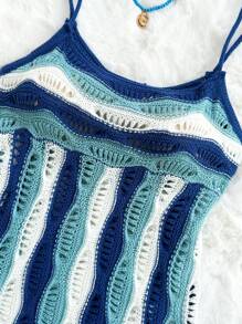 Sweetina Summer Going Out Vacation Beach Hawaii Blue Women Cute Crochet Casual Color Block Cropped Knit Camisole