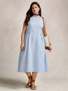 Zelara Plus Size Summer Striped Round Neck Sleeveless Ruched Casual Work Dress,Old Money Style Women - Blue and White - View 12