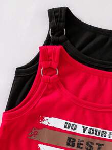 2pcs Tween Girl Fashion Knit Sleeveless Tank Top Set,Red And Black,Soft Stretchy Fabric,Front Letter Print,Stylish Fit For Summer,Casual,Vacation - Black - View 3