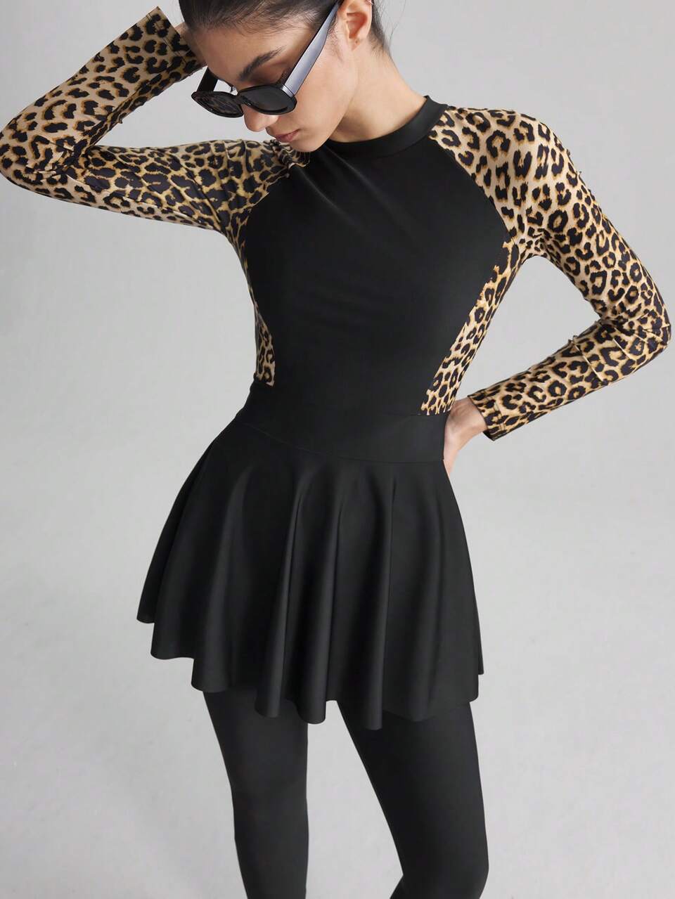 Women's Black Modest Swimwear Sets,Long Sleeve Leopard Print Swimsuits With Long Pants,Summer Beach Holiday Vacation Outfits,New Collection 2025