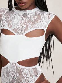 SHEIN Unity 紧身衣性感蕾丝高领镂空无袖派对俱乐部紧身衣派对俱乐部音乐会节秋夏女士服装 - 白色 - 查看 4