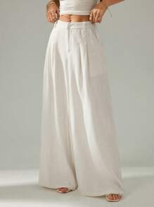 SHEIN PETITE Pantalones casuales de pierna ancha con cintura baja y pliegues de unicolor para mujer - Albaricoque - Ver 3