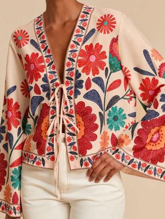 Travachic 度假印花宽松长袖女式衬衫，编织图案印花，休闲夏日度假女士，波西米亚海滩，海滩必备，前中心绳带，俱乐部，适合度假，下午茶