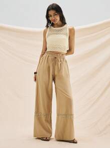 Easelle Women's Lace Patchwork Wide Leg Khaki Pants, Suitable For Travel & Outdoor - Khaki - View 5