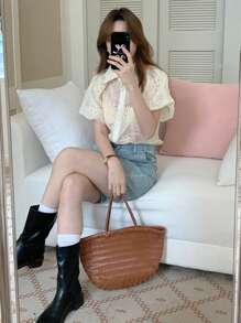 DAZY Blusa con maniche a sbuffo e pizzo importante, stile coreano, versatile per l'estate