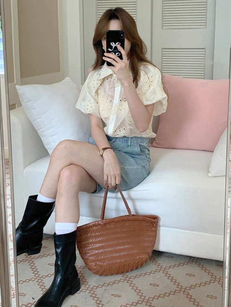Women Heavy Lace Puff Sleeve Blouse, Korean Style Versatile For Summer