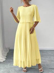 Elenzga Vestido plisado elegante de gasa de unicolor, adecuado para primavera y verano, talla grande - Amarillo - Ver 3