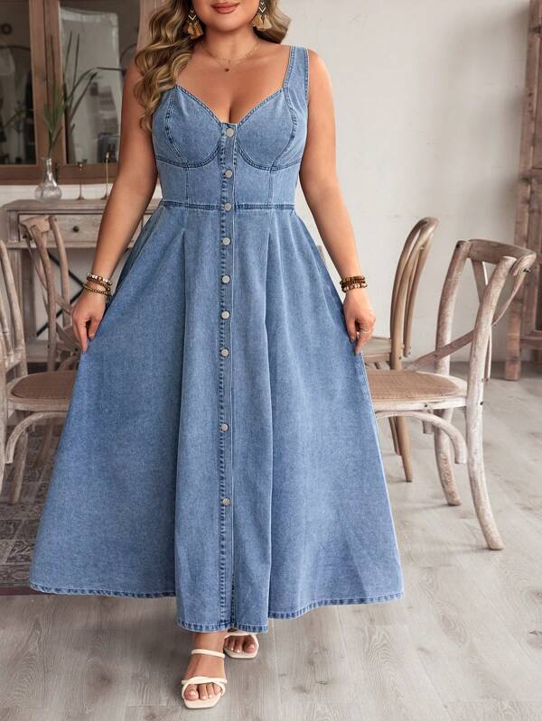 EMERY ROSE Plus Size Denim Front Button Sexy Sleeveless Dress