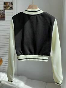 Comfortcana Letter Patched Crop Varsity Jacket - Black and White - View 2