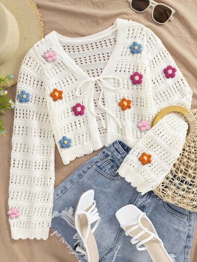 SHEIN VCAY 秋冬大码女式3D花卉装饰优雅薄针织开衫