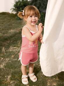 Cozy Pixies 4 Piece Baby Girl Contrast Color Knitted Soft Camisole And Elastic Waist Shorts Set - Multicolor - View 8