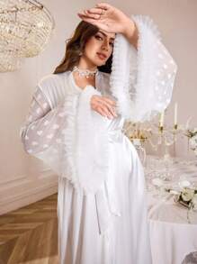 SHEIN Plus Size Luxury Sheer Heart Pattern Patchwork See-Through Decorative Ruffles Long Robe, Plus Size Bridal Robe, Fall, Winter - White - View 4