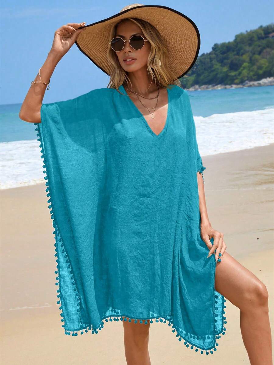Swim Vcay Women's V-Neck Batwing Sleeve Loose Fitting Casual Dress For Summer Beach Vacation - Blue - View 1
