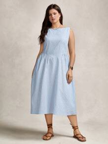 Zelara Plus Size Summer Striped Round Neck Sleeveless Ruched Casual Work Dress,Old Money Style Women - Blue and White - View 3