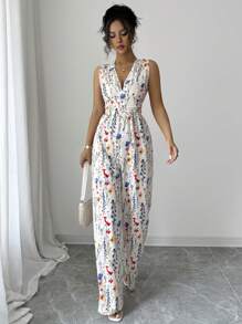 Elenzga Women's Elegant Floral Print Romper Jumpsuit, Suitable For Vacation & Music Festival