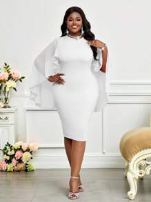 SHEIN Lady Elegante vestido de manga de capa, cuello redondo, fluido y ajustado a la cadera, de punto y gasa en rosa, para bodas, Pascua, graduaciones, invitadas de boda, vacaciones y estilo boho para mujeres