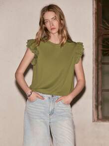 Lumivelle Camiseta de mujer de cuello redondo con mangas con volantes de unicolor estilo casual - Verde militar - Ver 1