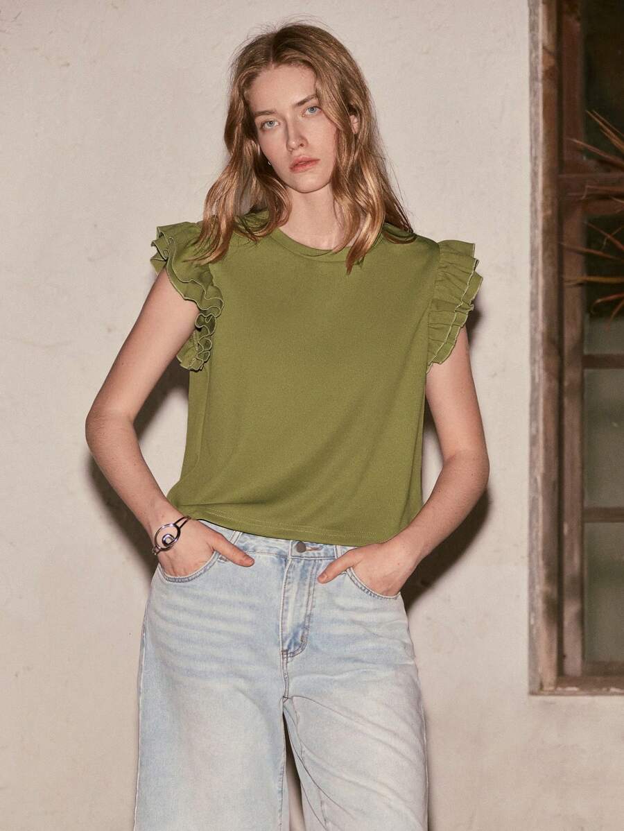 Lumivelle Camiseta de mujer de cuello redondo con mangas con volantes de unicolor estilo casual - Verde militar - Ver 1