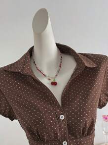 Elamini Polka Dot Print Lapel Fitted Short Sleeve Women Blouse - Brown - View 5