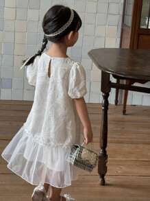 DAZY 小女孩圆领纹理拼布荷叶边下摆中长连衣裙，女孩夏季服装 - 杏色 - 查看 1