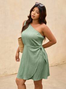 Elaquor Plus Size Solid Color Minimalist Casual Asymmetric Shoulder Dress - Green - View 3