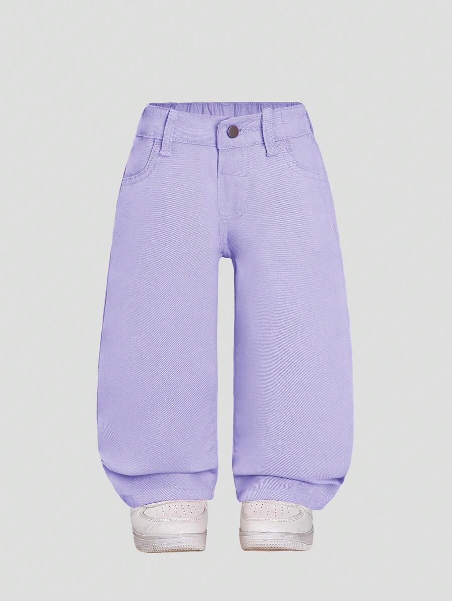 SHEIN 女婴新款时尚休闲牛仔短裤，直筒水洗牛仔裤 - 紫色 - 查看 1