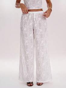 SHEIN BAE Women's Floral Jacquard Tie Waist Palazzo Loose Pants - White - View 3