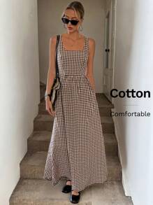 SHEIN LUNE Đầm dự tiệc thanh lịch cổ vuông xếp ly lưng nhún eo cao thấp họa tiết kẻ caro thường ngày cho nữ - Nhiều màu - Xem 3