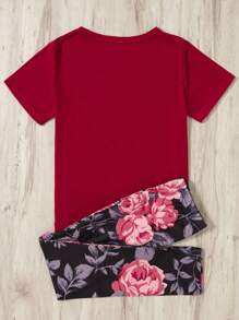 SHEIN 毛孩女孩花卉&字母圖形t恤和緊身褲