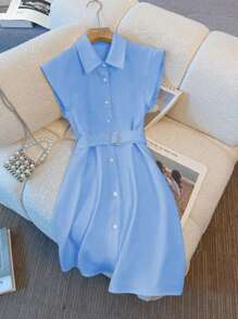 Franclia Women Solid Color City Casual Commuting Midi Dress - Blue - View 3