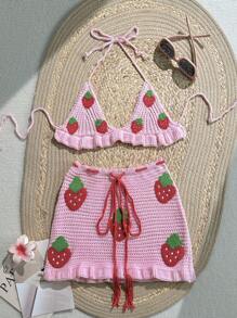 Swim Mod 2 件套女士草莓印花露背系带比基尼上衣和裙子套装（含罩衫）