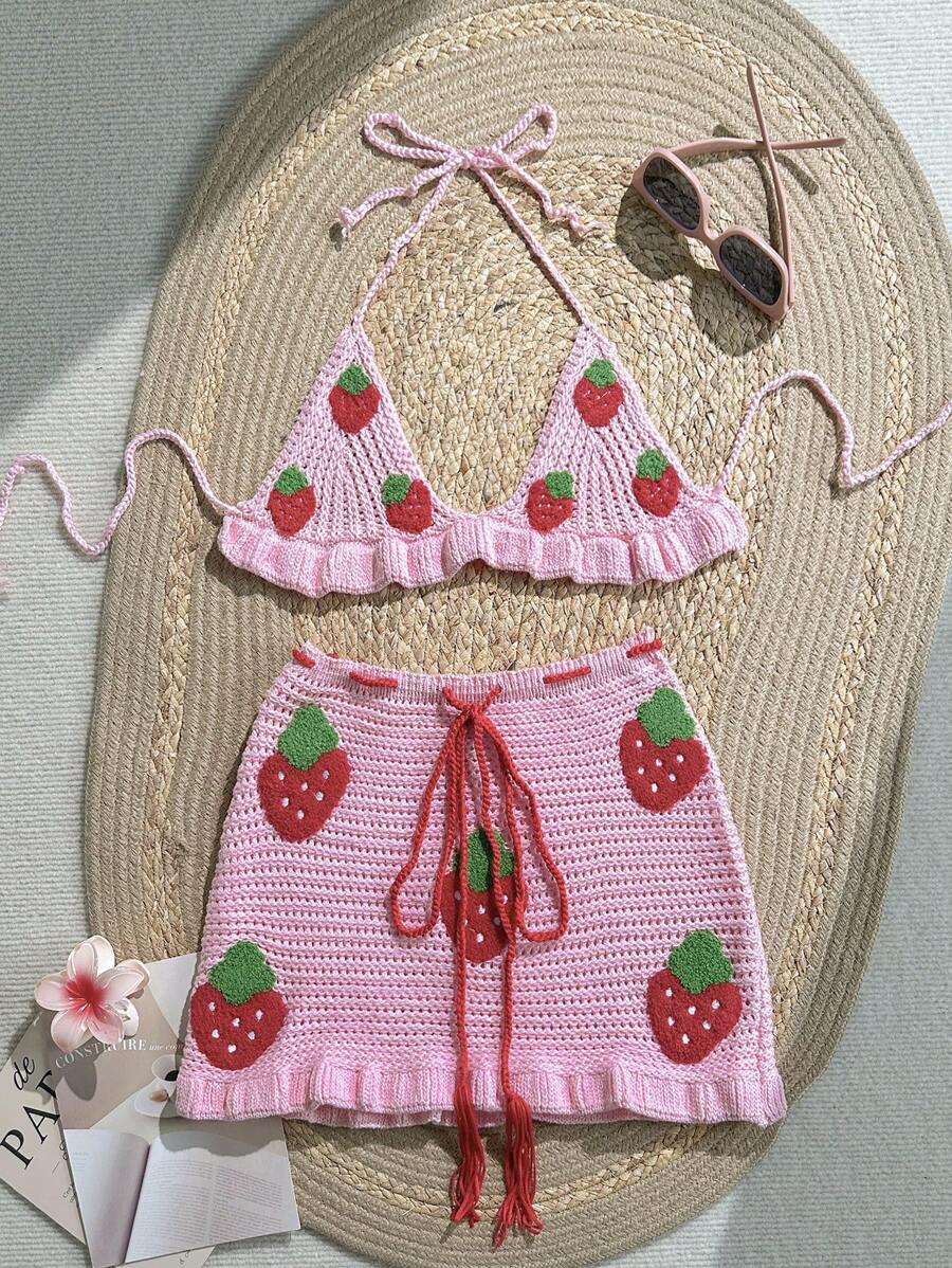 Swim Mod 2 件套女士草莓印花露背系带比基尼上衣和裙子套装（含罩衫）