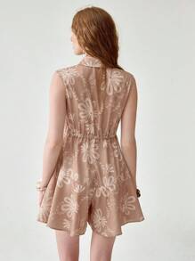 Florisole Mono elegante de mujer con cuello de camisa, bordado floral, estampado digital, sin mangas, cintura con cordón y bajo con volantes, de largo medio, para el verano