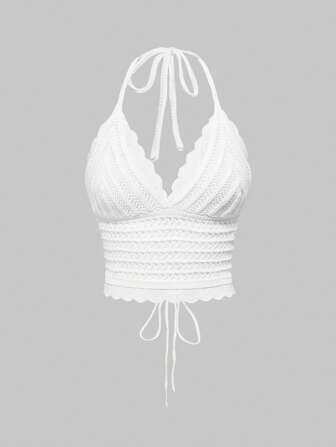Kawaii Women's Lace Trim Halter Basic Knit Top, Cute Spring Vacation Outfits