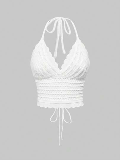 Kawaii Top básico de punto con borde de encaje y cuello halter, conjunto de ropa linda para vacaciones de primavera para mujeres