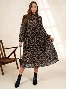 SHEIN Clasi Plus Size Chiffon Leopard Print Long Sleeve Dress, Autumn/Winter - Multicolor - View 3