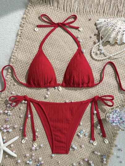 Swim Mod Women's Solid Color Halter Tie Front Sexy Bikini Swimsuit Set For Summer Beach Vacation