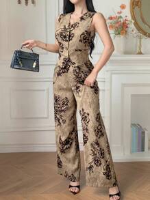 DAZY 2pcs Women Floral Printed Camisole And Pants Set, Spring/Summer - Khaki - View 4