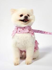 PETSIN Arnês Elegante de Princesa Estilo Dupla Camada com Design de Flor Franzida em Tom Lilás, Adequado para Primavera/Verão, Com Guia Acoplada - Multicolorido - Visão 6