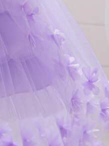 Vestido de niña con mangas abullonadas, cola de tul y flores 3D en color púrpura, vestido esponjoso de volantes de malla para primavera/verano, vestido de princesa para cumpleaños, boda, fiesta, recital, niña de las flores