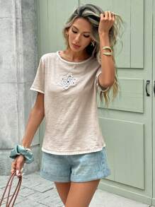 SHEIN Frenchy Áo thun nữ cổ tròn tay ngắn ren tương phản mùa hè thường ngày - Màu be - Xem 5