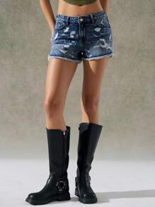 LYSMO Short en jean ample déchiré et effiloché avec poches, style décontracté pour femme - Bleu azur - Voir 1